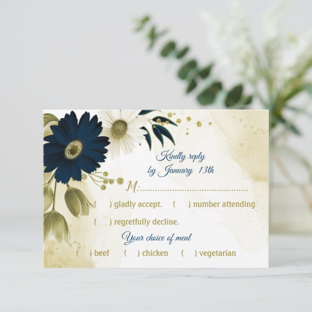Amazing navy blue ivory gold flowers meal choice RSVP card (Standing Front)