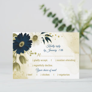 Amazing navy blue ivory gold flowers meal choice RSVP card
