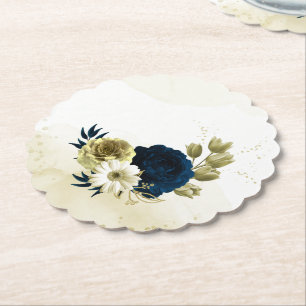 Amazing navy blue ivory gold flowers paper coaster