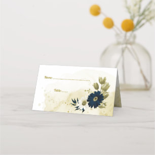 Amazing navy blue ivory gold flowers  place card