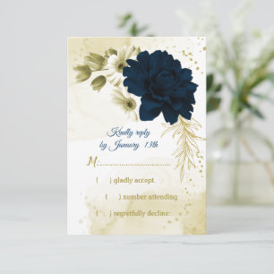 Amazing navy blue ivory gold flowers RSVP card