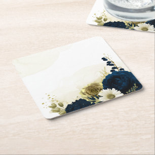 Amazing navy blue ivory gold flowers square paper coaster