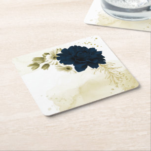 Amazing navy blue ivory gold flowers square paper coaster