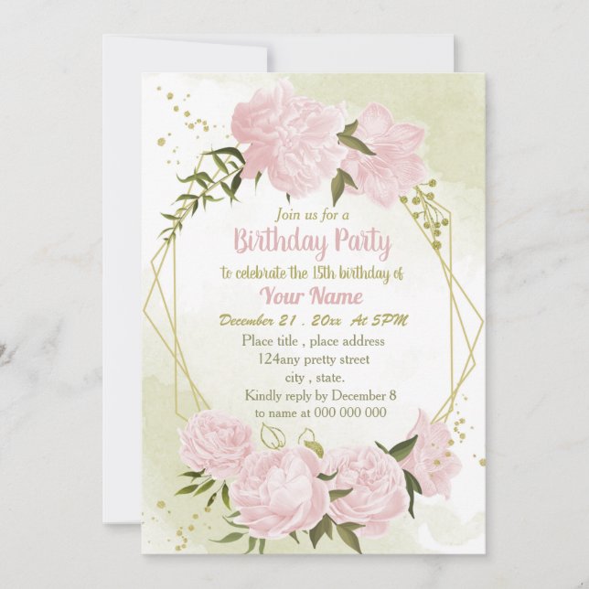  amazing pink flowers geometric birthday party invitation (Front)