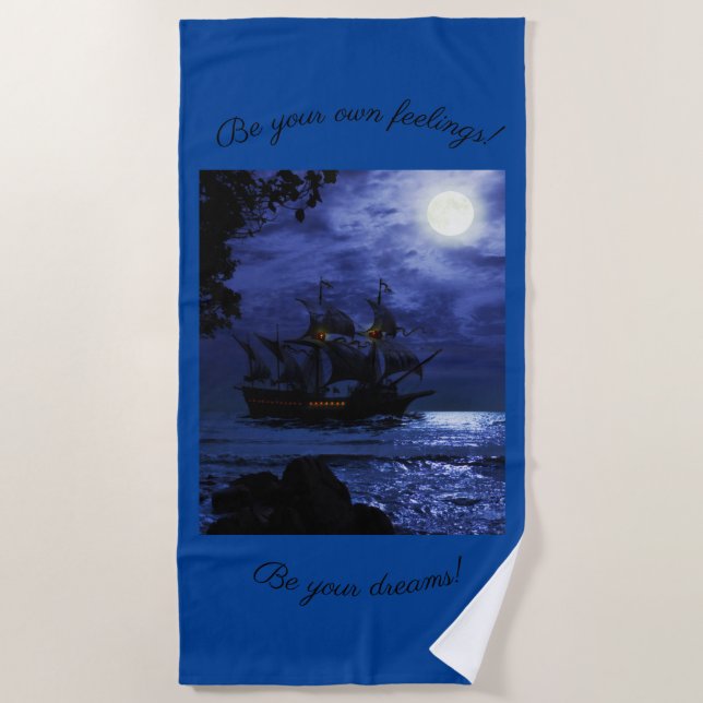 Amazing pirate old ship on a blue sea beach towel (Front)