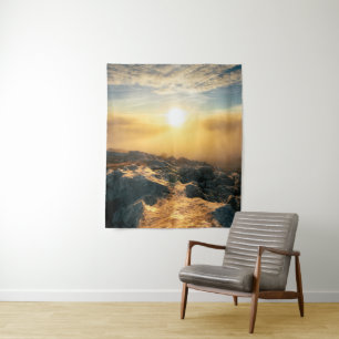 Amazing sunset above clouds and sun lit rocks tapestry
