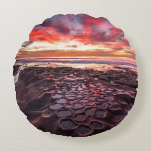 Amazing sunset at the tide pools round cushion