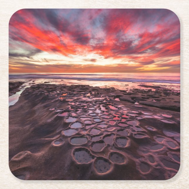 Amazing sunset at the tide pools square paper coaster (Front)
