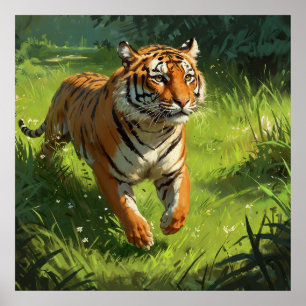 Amazing Tiger Running in the Wild Painting Poster