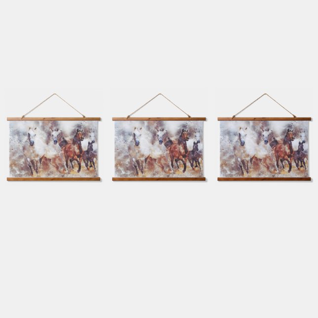 Amazing white and bay horses in a gallop hanging tapestry (Triple)