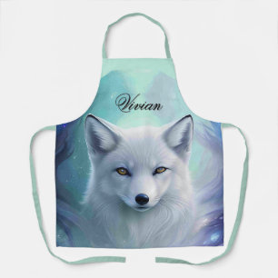 Amazing White Snow Fox on Icy Land with Name Apron