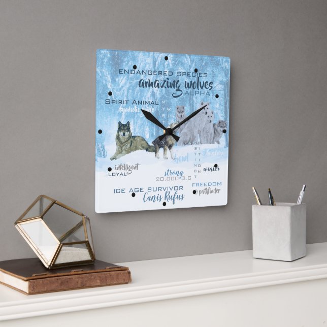 Amazing Wolves Typography | Personalised Square Wall Clock (Office)