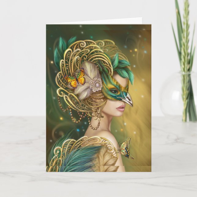 Amazing Woman fantasy Bird Masquerade Card. Holiday Card (Front)