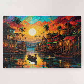 🌅Amazon Fishing Village Sunset Jigsaw Puzzle