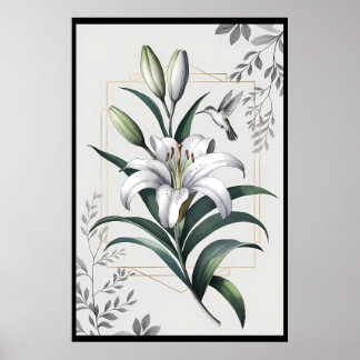 Amazon Lily & Hummingbird – Dewdrop & Gold Poster
