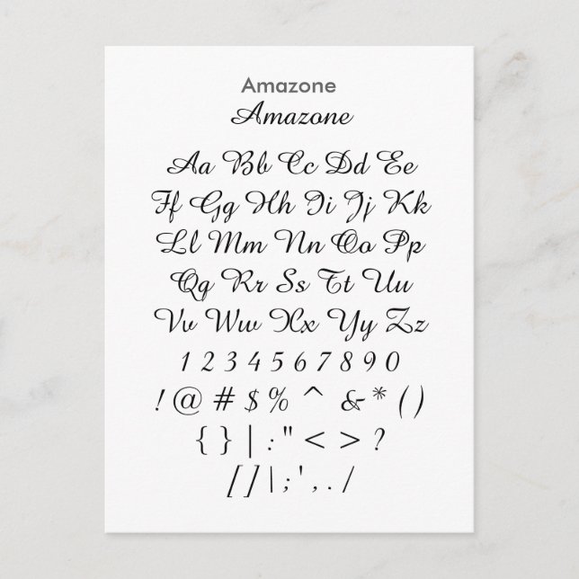Amazone - Zazzle Font Sampler Sheet Postcard (Front)