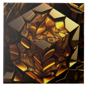 Amber and gold cube, 3D effect Ceramic Tile
