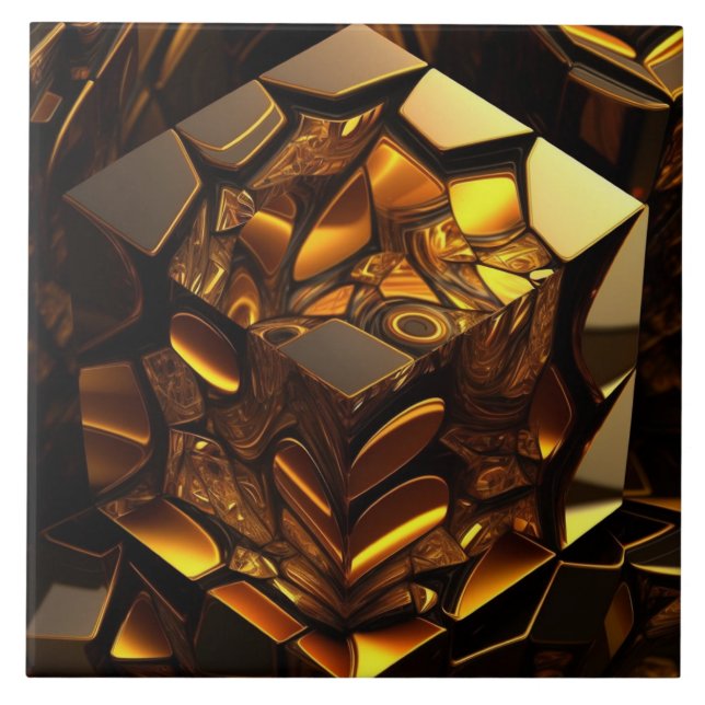 Amber and gold cube, 3D effect Ceramic Tile (Front)