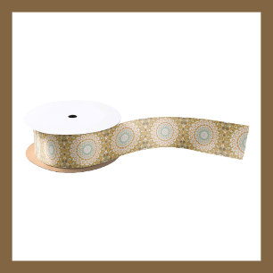 Amber and Green Retro Mandala Pattern Satin Ribbon