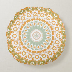 Amber and Olive Radiant Mandala Pattern Round Cushion