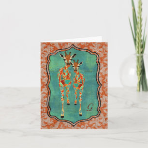 Amber & Azure Giraffes Damask Monogram Notecard