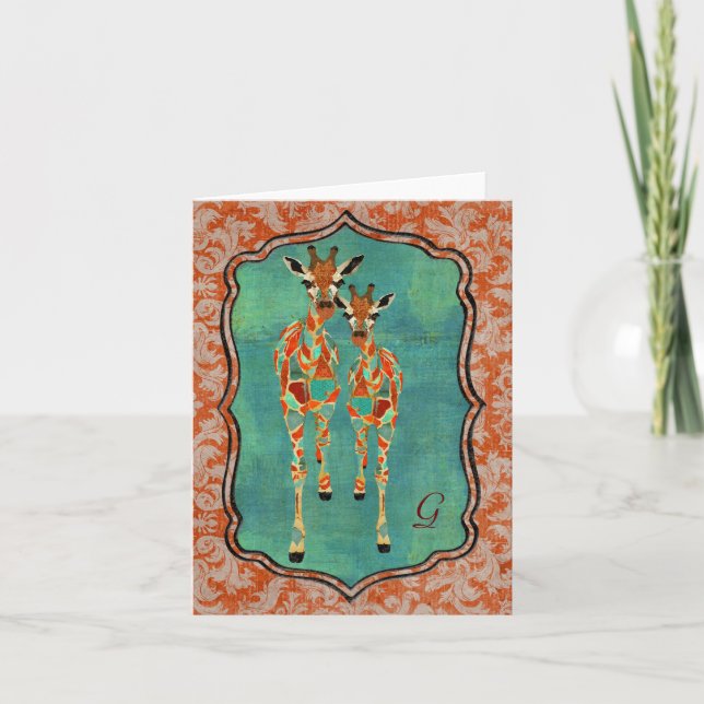 Amber & Azure Giraffes Damask Monogram Notecard (Front)