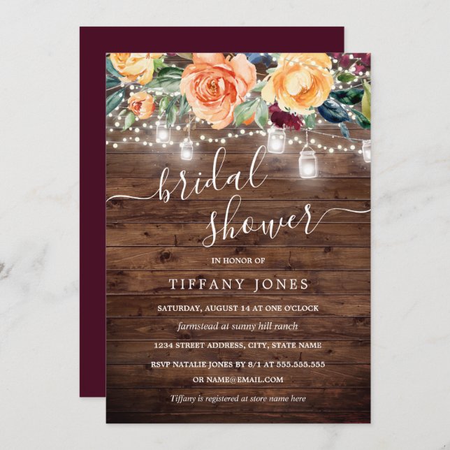 Amber Burgundy Floral Rustic Wood Bridal Shower Invitation (Front/Back)
