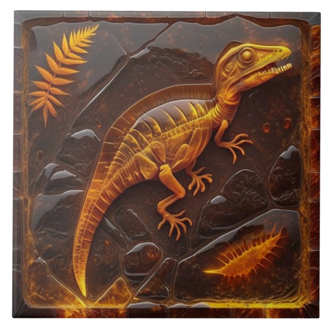 Amber Dinosaur Fossil Effect Illustration Ceramic Tile (Front)