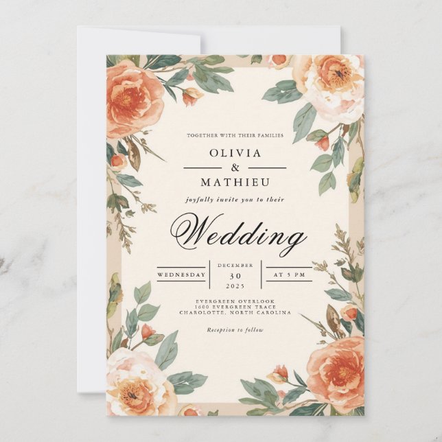 Amber Floral Brushstroke Wedding Invitation (Front)