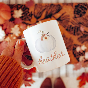 AMBER Floral White Pumpkin Custom Name Fall Coffee Mug