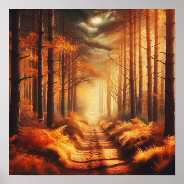 Amber Forest Path with Sunbeams – Autumn Poster  (Front)