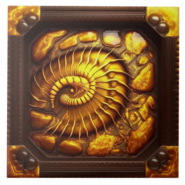 Amber Fossil Inspired Spiral Illustration Ceramic Tile (Front)