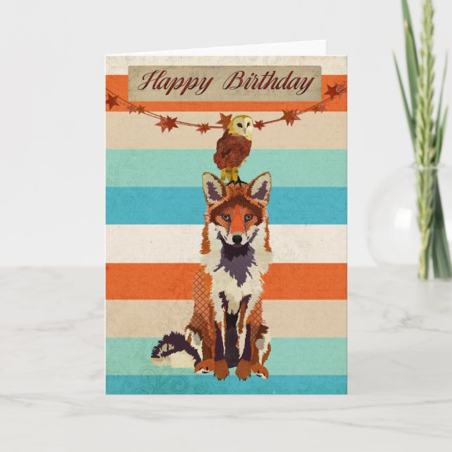 Amber Fox & Owl Birthday Card (Front)