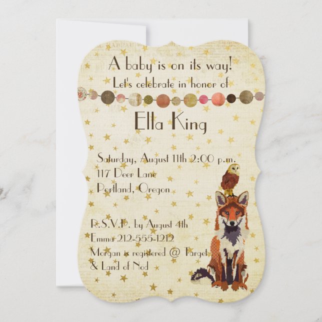 Amber Fox & Owl Stars Baby Invitation (Front)