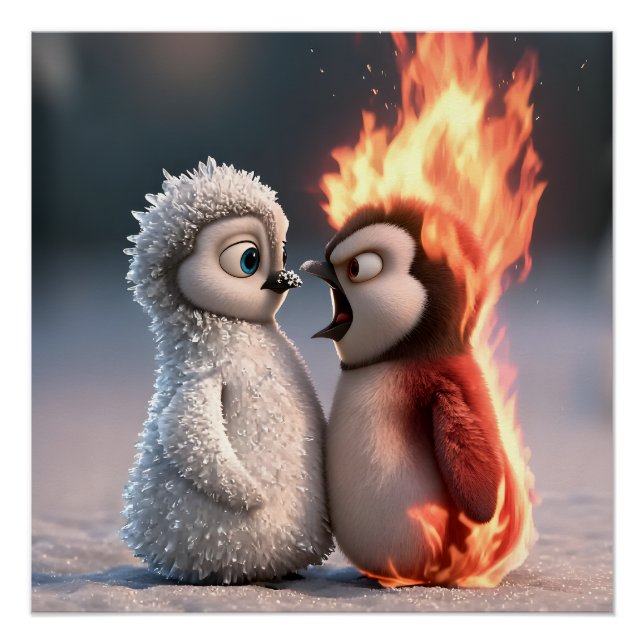 Amber & Frosty Fire and Ice Penguin Poster (Front)
