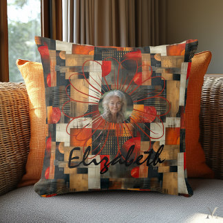 Amber Geometric Bloom – Warm Abstract Art Cushion