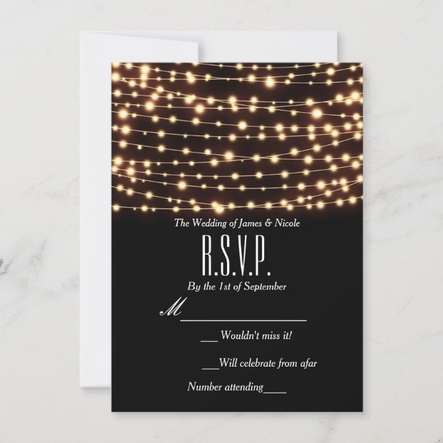 Amber Glow String Lights Rustic Wedding RSVP Card (Front)