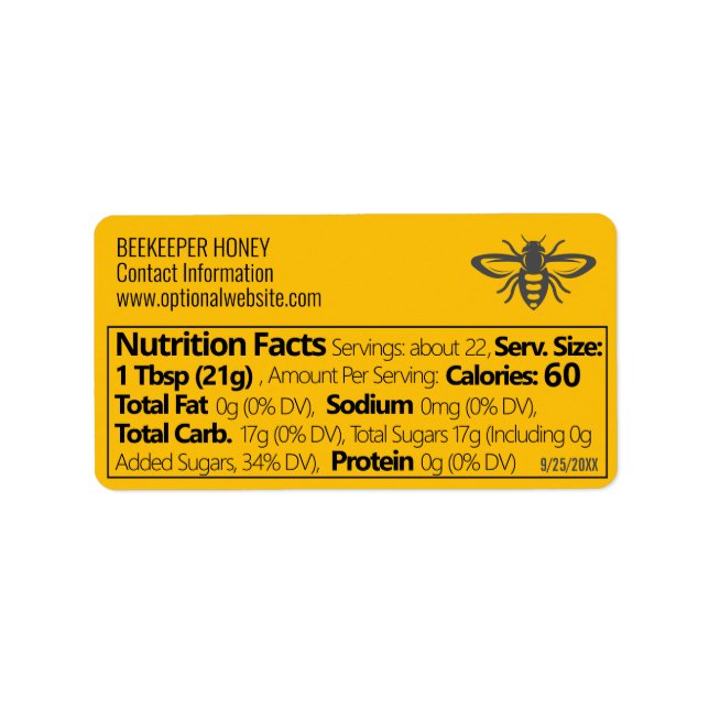 Amber Honey Nutrition Facts and Beekeeper Info Label (Front)