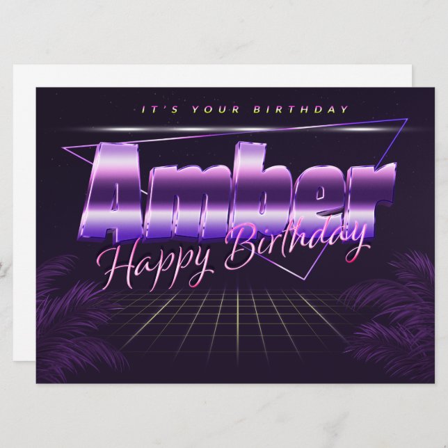 Amber Name First Name Purple Retro Card Birthday (Front/Back)