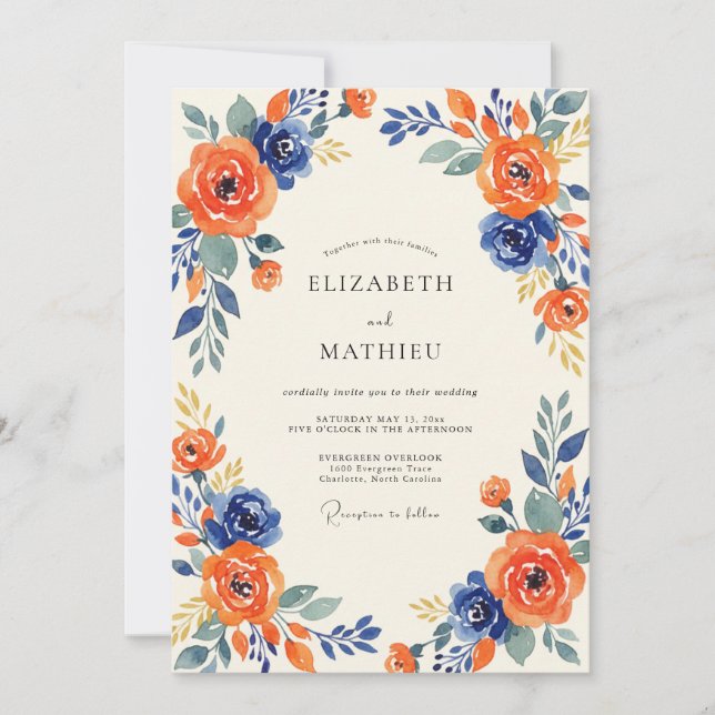 Amber Navy Ranunculus Eucalyptus Wedding Invitation (Front)