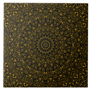 Amber on Black Mandala Kaleidoscope Medallion Ceramic Tile