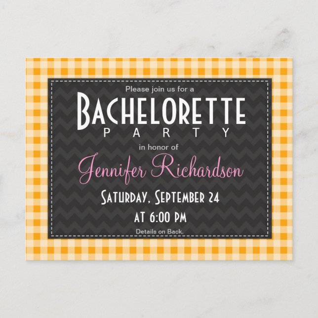 Amber Orange Gingham bachelorette party invitation (Front)