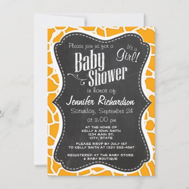 Amber Orange Giraffe Animal Print; Chalkboard Invitation (Front)