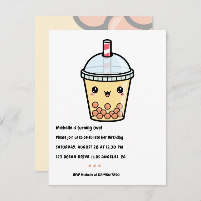 Amber Orange Kawaii Bubble Tea Birthday Party Postcard (Front/Back)