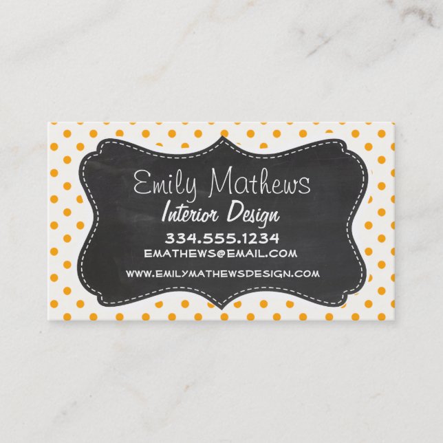 Amber Orange Polka Dots; Chalkboard look Business Card (Front)