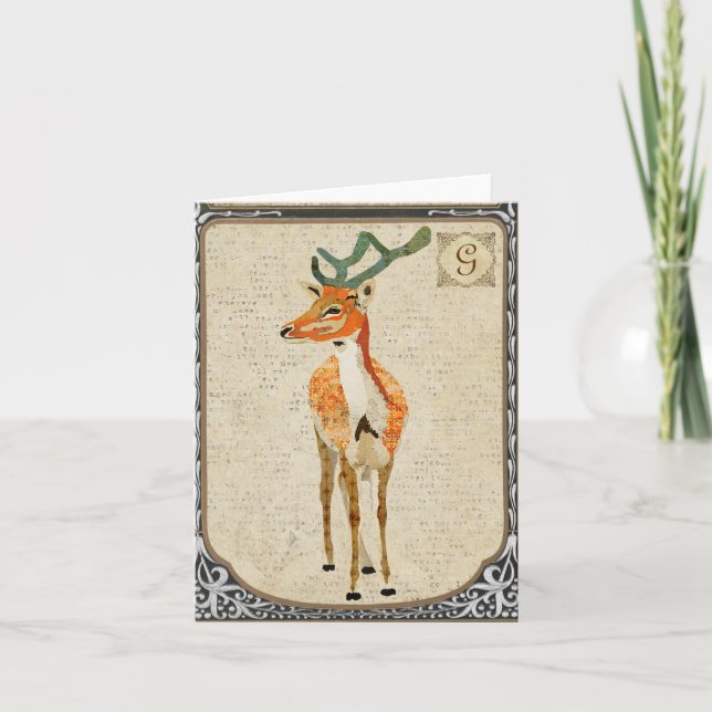 Amber Stag Vintage  Monogram Notecard (Front)