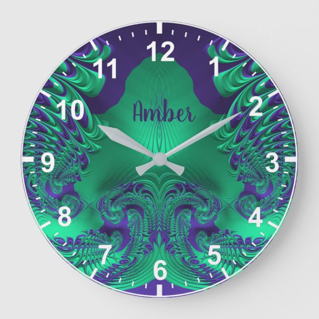AMBER ~ WOW! Fractal Pattern Green and Purple ~  Large Clock (Front)