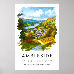 Ambleside Watercolor Vintage Travel Poster Ski