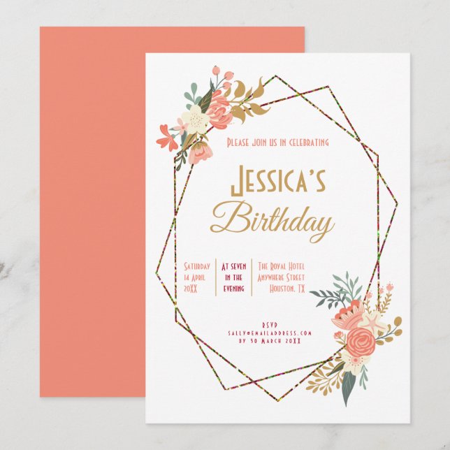 Ambrose Coral Floral Geometric Feminine Birthday Invitation (Front/Back)