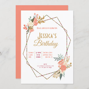 Ambrose Coral Floral Geometric Feminine Birthday Invitation